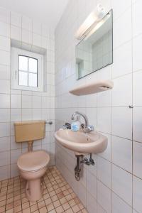 un baño con inodoro y lavabo en Ferienhaus Grodehus, en Dornumergrode