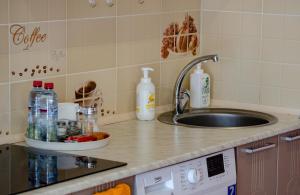 uma bancada de cozinha com um lavatório e um lavatório em Апарт-отель МОДНЫЙ em Irkutsk