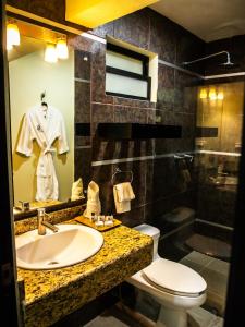 
a bathroom with a toilet, sink and mirror at H177 Hotel in Campeche
