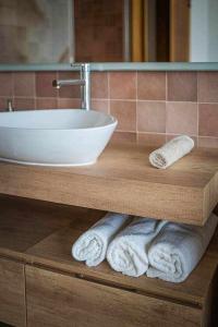 La salle de bains est pourvue d'un lavabo et de serviettes sur une étagère en bois. dans l'établissement Jable suites apartamentos de lujo en el centro, à Corralejo