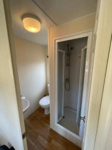 een badkamer met een toilet en een glazen douchedeur bij Duindoorn 45 in IJmuiden
