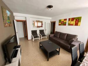 - un salon avec un canapé et une télévision dans l'établissement El Puente, à Boltaña