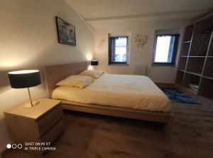 1 dormitorio con 1 cama, 1 lámpara y 2 ventanas en La petite maison dans la bastide en Carcasona
