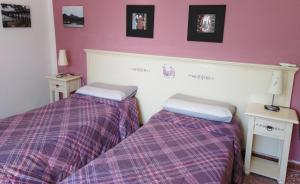 two beds in a room with purple walls at Sa Rosa E Su Trapperi in Oschiri