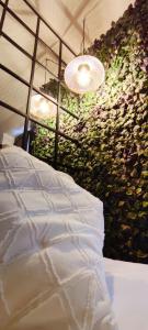 a bed in front of a green wall with lights at piso exterior centro sevilla in Seville