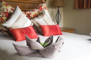 a close up of a bed with pillows on it at Fairways Holiday Accommodation in Drakensberg Garden
