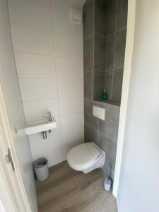 a small bathroom with a toilet and a sink at Logies Boszicht Texel in De Koog