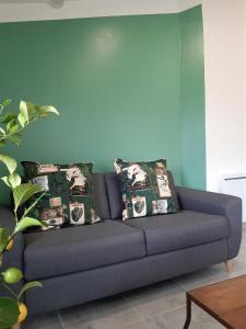 Génissac的住宿－Gîte de charme au coeur du vignoble de St Emilion，客厅的沙发,设有绿色的墙壁