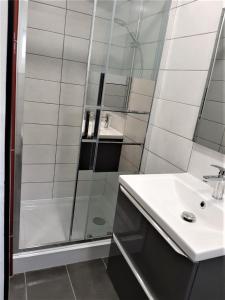 La salle de bains est pourvue d'une douche et d'un lavabo. dans l'établissement Gîte de charme au coeur du vignoble de St Emilion, à Génissac