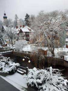 una ciudad cubierta de nieve con casas y un puente en Polanica Centrum, en Polanica-Zdrój