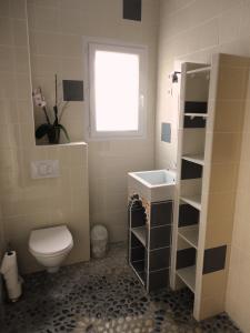 a bathroom with a toilet and a sink and a window at Villa La Charmeuse Fleurie in Collias