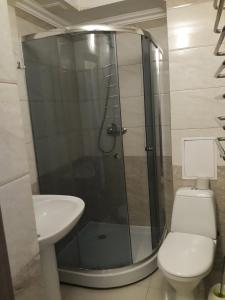 a bathroom with a shower and a toilet and a sink at versal in Ternopilʼ