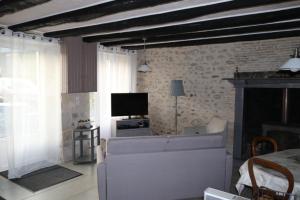 a living room with a couch and a tv at Gîte de caractère in Le Vigeant