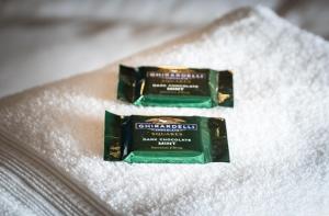 two pieces of green and black soap on a white towel at The Port of Prescott Boutique Hotel in Prescott