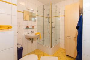 a bathroom with a shower and a toilet and a sink at Ferienwohnung Sanddorn #26 in Binz in Binz