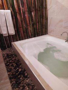 a bathroom with a bath tub with a shower at Hotel B & C in Mariquita