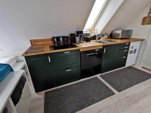 uma pequena cozinha com armários verdes e um lavatório em The 'Loft' Apartment- "Den Gule Svane" Guest House - near Rønne & Beach em Rønne
