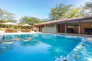 a swimming pool with blue water in front of a house at PrideInn Mara Camp & Cottages in Talek