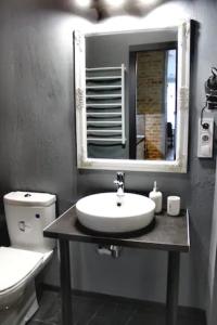 利沃夫Dorosh-HOME квартира-студія в центрі Львова的浴室里有洗手池、马桶和镜子。 更多10张照片