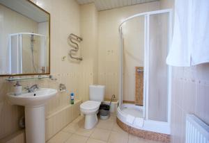 La salle de bains est pourvue d'un lavabo, de toilettes et d'une douche. dans l'établissement Hotel Odisseya, à Riazan