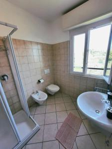 y baño con ducha, aseo y lavamanos. en Villa Mayoti B&B, en Manerba del Garda