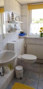 a bathroom with a sink and a toilet and a window at Ferienwohnung-Floppy-Hansi-OG-3 in Sankt Peter-Ording