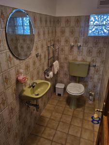 a bathroom with a sink and a toilet and a mirror at Alpenpension Bergidyll in Schönau am Königssee +7 photos