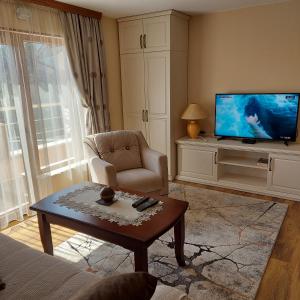 a living room with a television and a coffee table at Студио Лидия in Velingrad