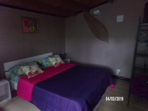 a bedroom with a bed with purple sheets and pillows at Les Aubepines in La Plaine des Palmistes +2 photos