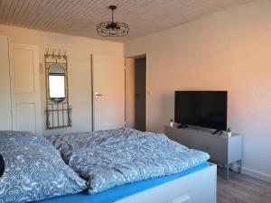 a bedroom with a bed and a flat screen tv at Simone's Ferienwohnung am Plöner See in Bosau