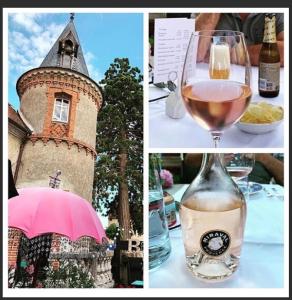 a collage of photos with a wine glass and a tower at B&B Fleurie in Saint-Amand-Montrond