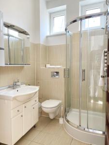 W łazience znajduje się toaleta, umywalka i prysznic. w obiekcie Piasek Sopotu w mieście Sopot