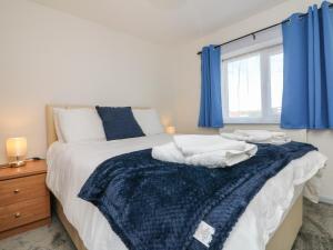 ホルズワージーにあるThe Cottageのベッドルーム1室(青いカーテン、窓付)