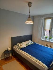 een slaapkamer met een bed met blauwe lakens en een raam bij Mieszkanie na Orlej 300 metrów od plaży! in Gdańsk