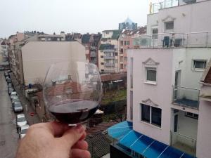 a person holding a glass of wine on a balcony at Просторен и добре обзаведен апартамент Oborishte 39 str in Plovdiv