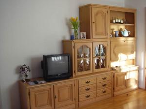 un televisor sentado en la parte superior de un centro de entretenimiento de madera en Ferienwohnung Garzmann, en Berchtesgaden
