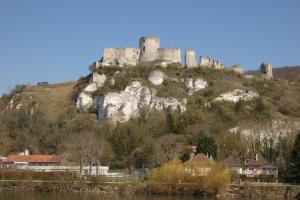 a castle on top of a hill with houses at Gîte L'EAU VIVE in Noyers