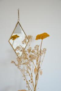 a mirror hanging on a wall with flowers in a vase at Particulier in Ménétreux-le-Pitois