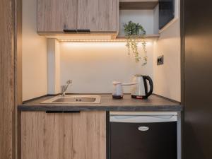 una cucina con lavandino e bollitore su un bancone di Mavra Elegant Apartments a Città di Zante