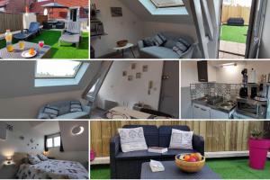 a collage of pictures of a living room and a kitchen at Joli petit T2 terrasse proche du phare in Calais