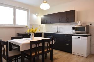 a kitchen with a table with chairs and a microwave at Chalupa GABIKA in Plavecké Podhradie