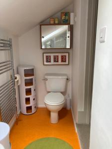 uma pequena casa de banho com WC e espelho em Yew Tree Cottage em Bath