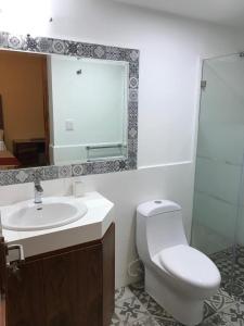uma casa de banho com um WC, um lavatório e um espelho. em HOTEL CASA CONSTANZA em San Luis Potosí