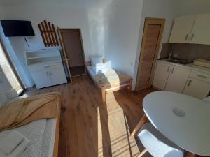 sala de estar con mesa y cocina en Studio Gmitrovic, en Rtanj