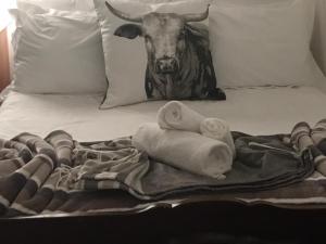 a bed with a cow head on the pillow at Break Away from City lights and enjoy tranquility under the African Sky in Kromriver