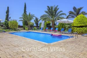 uma piscina numa villa com palmeiras em Marlin Beach Front Luxury Villa - 4 Bedrooms em Ayia Marina
