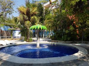 una pequeña piscina con una sombrilla verde en el medio en Hotel Delfines Acapulco by NG Hoteles, en Acapulco