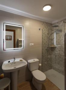 a bathroom with a toilet and a sink and a shower at Vivienda Rural Antares in Cómpeta