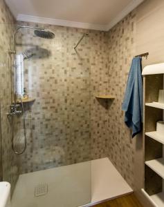 a bathroom with a shower with a glass door at Vivienda Rural Antares in Cómpeta +15 photos
