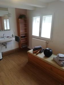 ein Bad mit einem Bett und einem Waschbecken in einem Zimmer in der Unterkunft Ferienwohnung Am Schloßberg in Solingen
